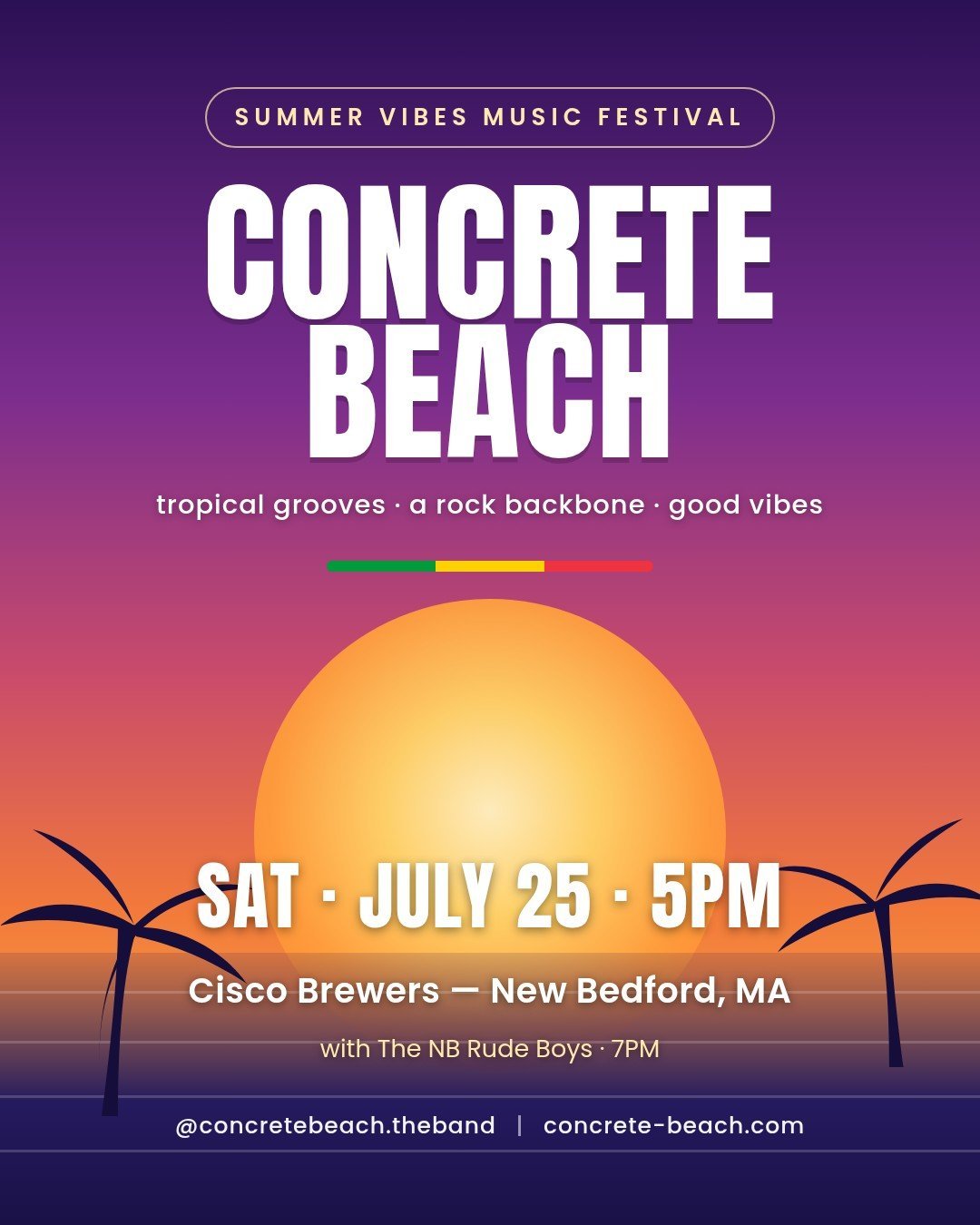Saturday's lineup is stacked. 🔥 5PM — us, bringing the tropical rock-reggae. 7PM — The NB Rude Boys, ska & rocksteady vets who've shared stages with The Skatal…